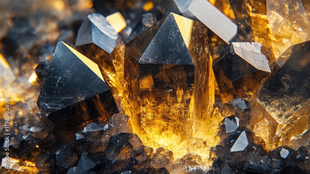 Poster golden and black crystalline formations with vibrant facets capturing light, close-up detail highlig