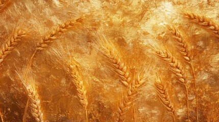 Golden wheat ears illuminated by sunlight, arranged closely with a textured golden background and ample blank space for text.