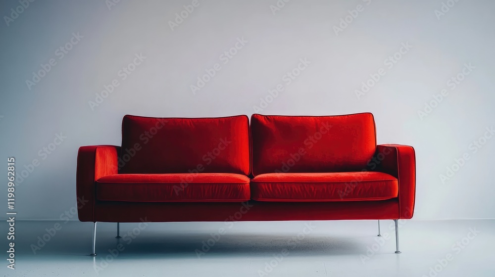 Aufkleber red modern sofa against a plain wall with copy space for text or design elements in minimalistic int