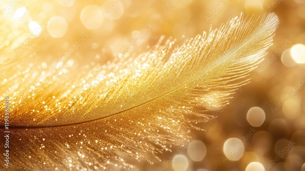 Poster Golden Feather Detail with Sparkling Glitter on a Soft Blurred Background in Warm Tones Featuring Empty Space for Text and Elegant Design Elements