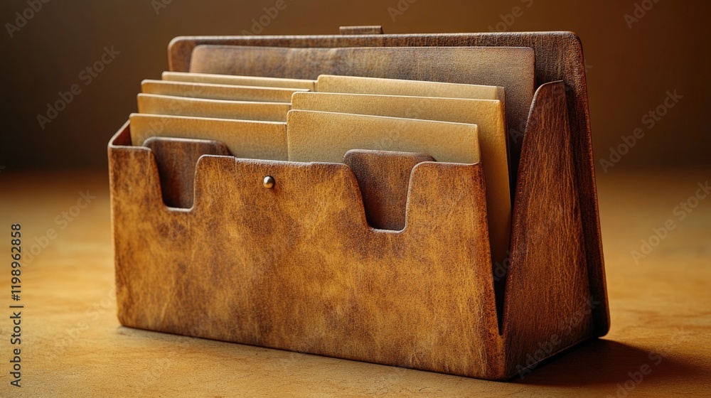 Poster a close-up shot of a file holder on a table with multiple compartments for storing files and documen
