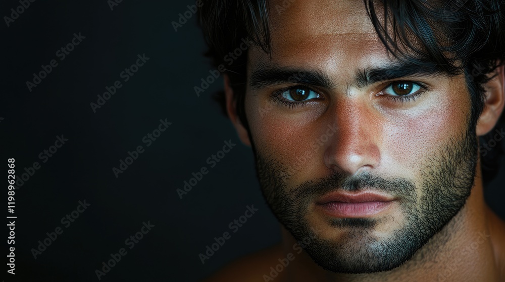 Poster Close up portrait of a brooding dark haired man with intense brown eyes set against a dark background, featuring ample space for text.