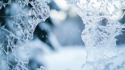 Detailed View of a Frosted Window Frame with Shattered Edges Against a Soft Focused Winter Landscape and Available Blank Area for Text