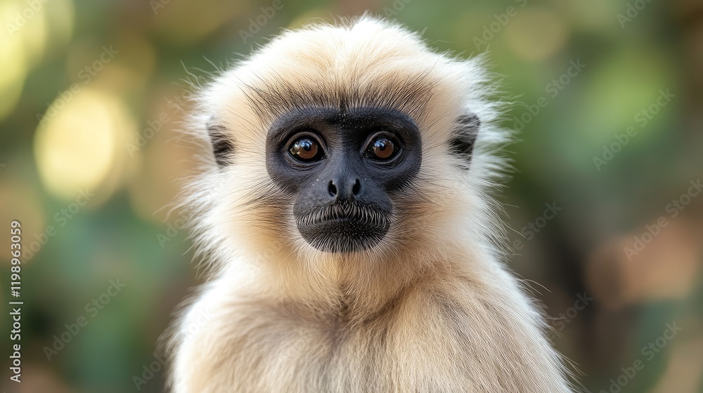Poster Close-up portrait of an Indian monkey displaying soft cream fur and distinct facial features against a blurred green natural background with ample copy space.