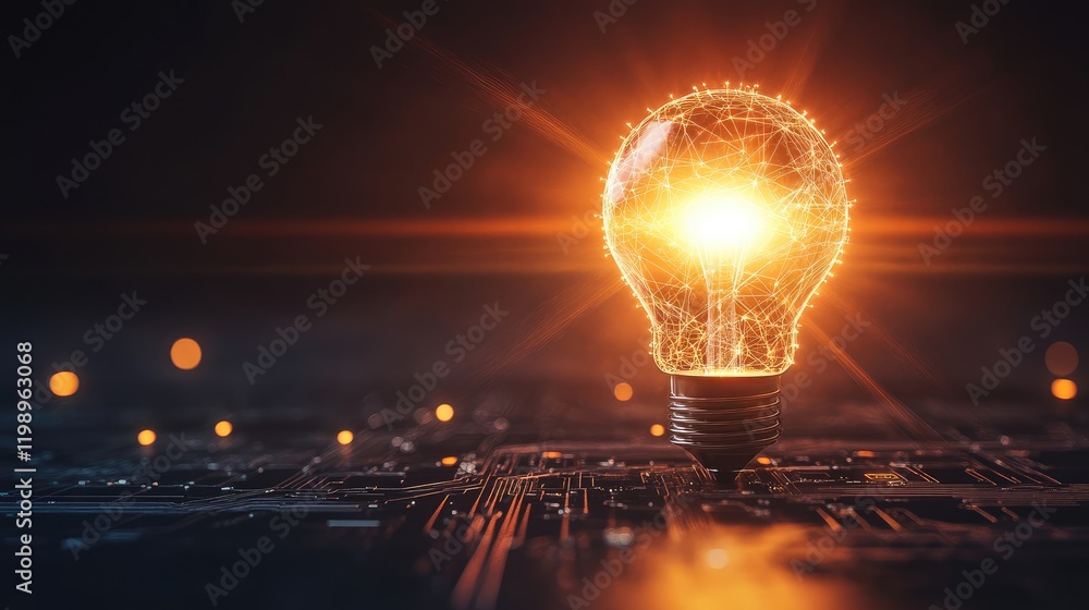 Poster close up of a glowing light bulb on a dark circuit board with warm amber illumination symbolizing te