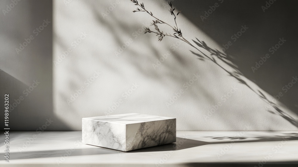 Poster minimalist marble block casting shadows on a neutral background with a branch silhouette creating an