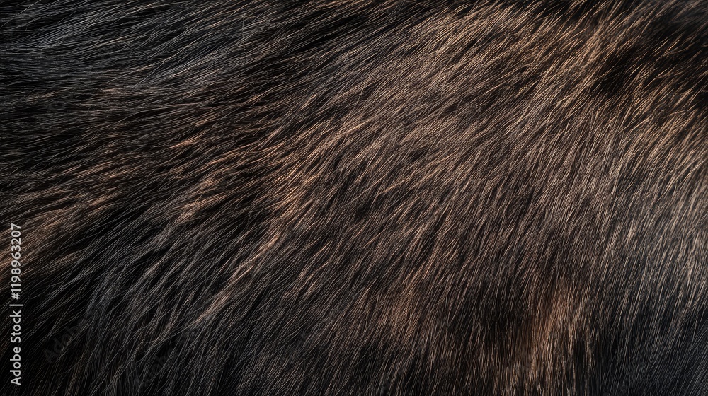 Poster close up of a cat's dark vibrant fur exhibiting rich brown and black hues with soft texture and empt
