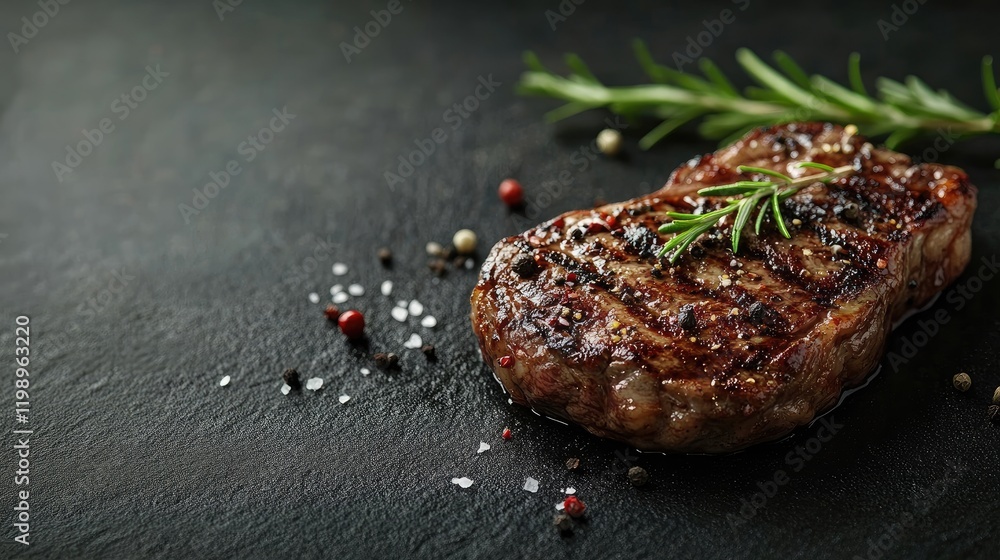 Poster Grilled steak on dark surface with herbs and spices, featuring empty space for text or overlay graphics.