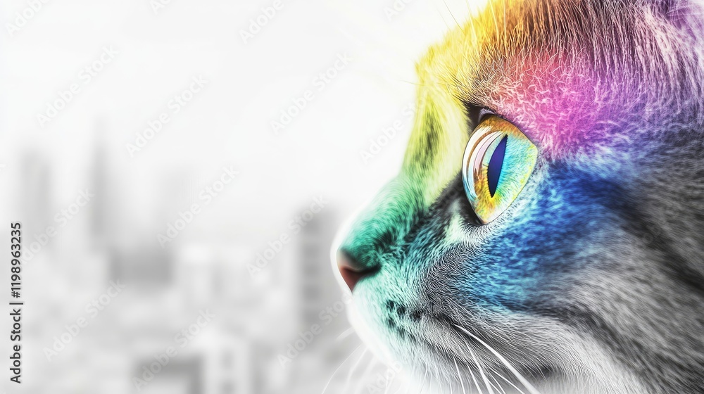 Poster close up of a cat's vibrant multicolored eyes with a blurred urban background in soft focus featurin