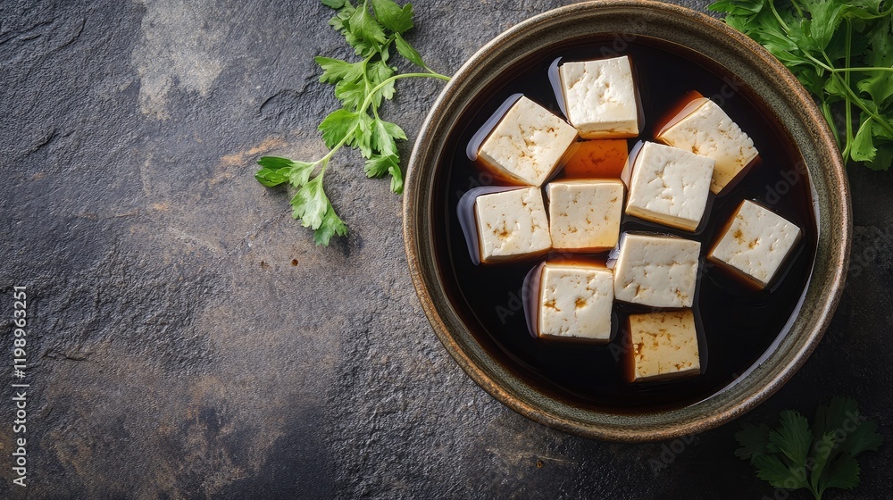 Aufkleber fresh tofu cubes soaking in soy sauce surrounded by green coriander leaves on dark textured surface 