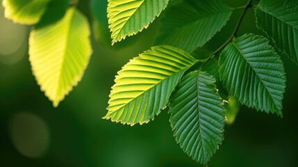 Fototapeta na wymiar Close up of green textured leaves with sunlight highlighting details on vibrant foliage in a lush spring background with empty copy space