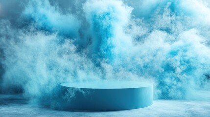 Ethereal Blue Smoke Surrounding a Round Platform in Dreamy Atmosphere