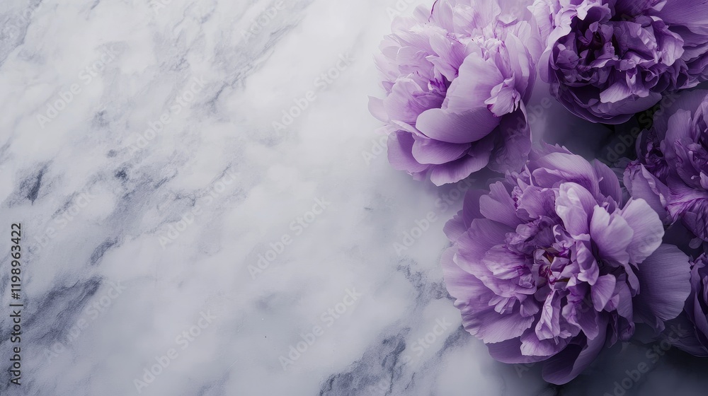 Poster cluster of delicate purple peony flowers arranged artistically on a bright marble surface with ample