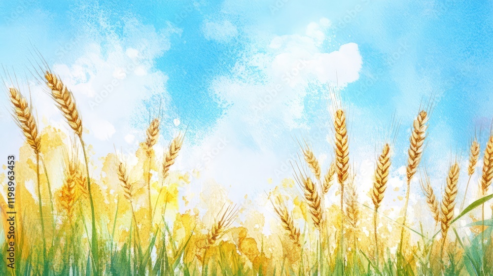 Poster golden wheat close-up in field with blue sky and clouds, blank space for text