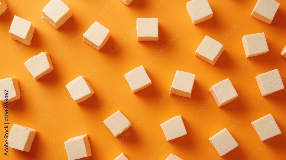 Poster Cubes of butter arranged on vibrant orange background with ample Copy Space for text placement
