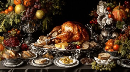 Elegant Thanksgiving Table with Roast Turkey and Festive Decor