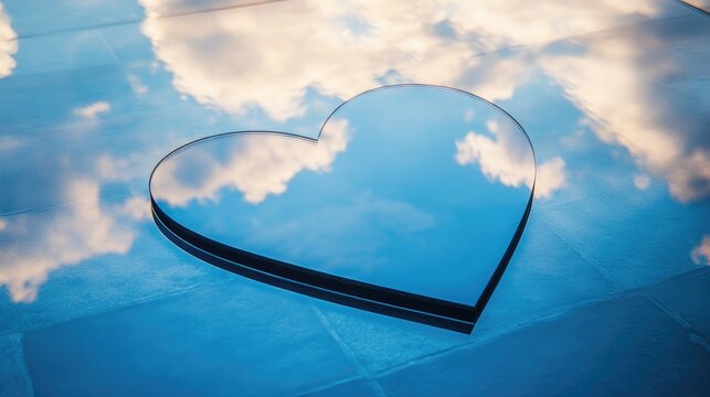 Modern building rooftop with heart-shaped glass reflecting cloudy blue sky and ample empty space for text in urban setting.