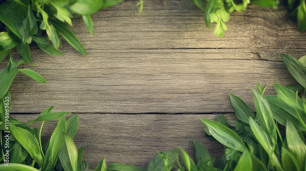 Poster Close up of vibrant green grass and leaves framing a rustic wooden surface with ample empty copy space for text and design elements.
