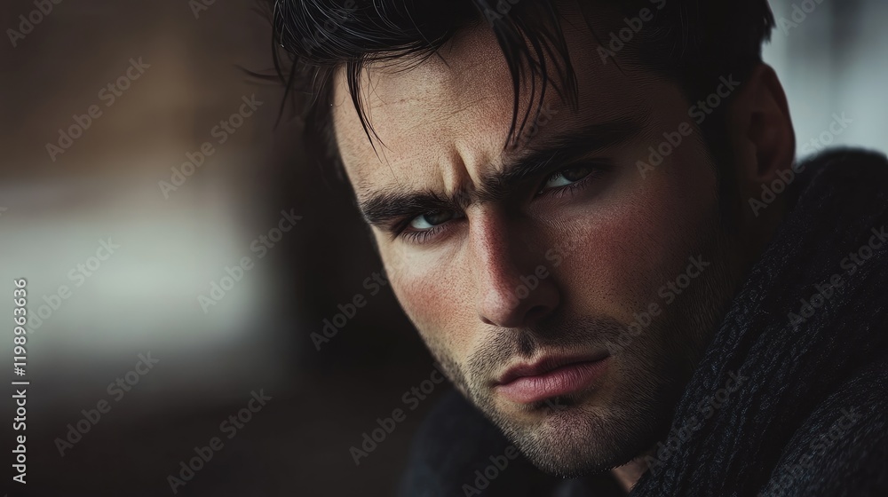 Poster Brooding dark-haired man with intense gaze in soft focus background showcasing natural light and neutral tones, ideal for text overlay in portrait photography.