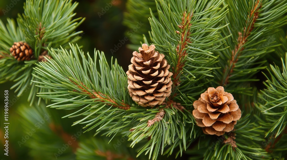 Poster close up of lush green pine branches featuring brown pinecones set against a blurred natural backgro