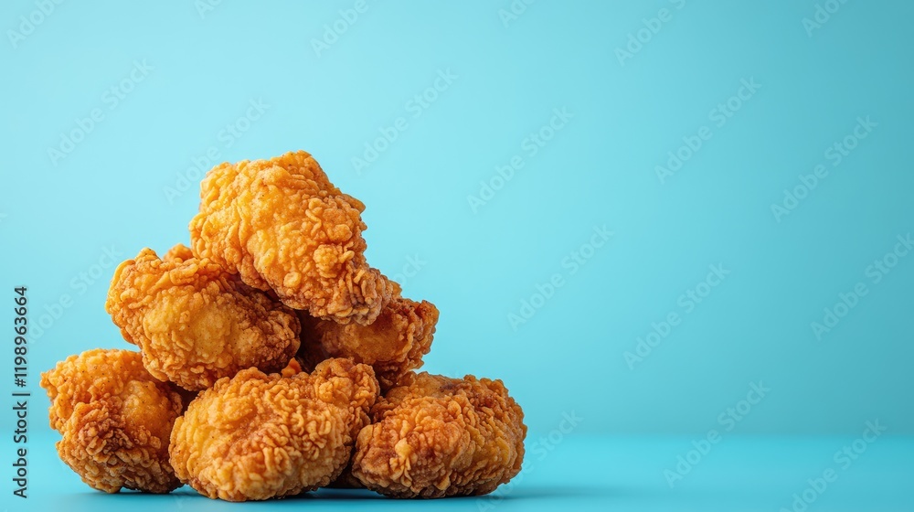 Poster fried chicken bites arranged in a pyramid shape on a vibrant blue background with ample copy space f