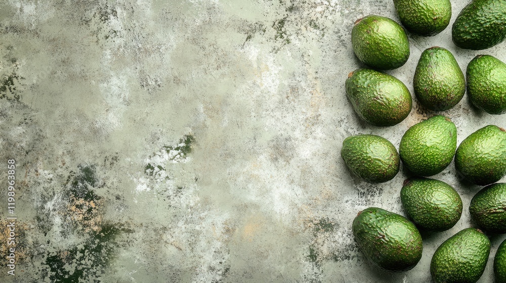 Poster ripe green avocados arranged on a textured gray countertop with ample empty space for text and desig