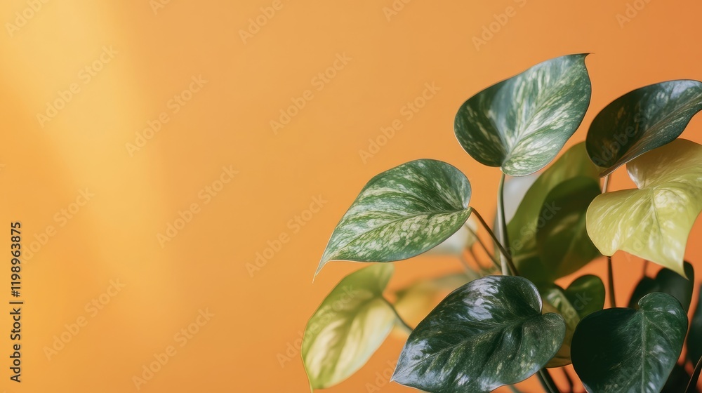 Aufkleber Close up view of lush green plant leaves against a vibrant orange background with empty space for text and warm color tones for design projects