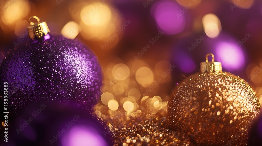 Poster close up of shimmering gold and rich purple christmas ornaments on a blurred background with soft bo