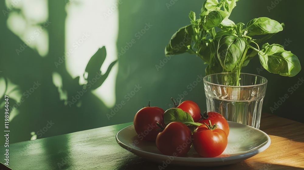 Poster fresh red tomatoes and green basil on a white plate against a green wall with soft shadows, close-up