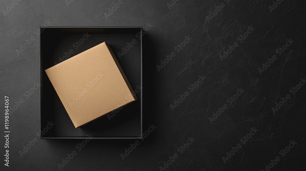Poster brown cardboard box placed in a black square container on a textured black background with copy spac