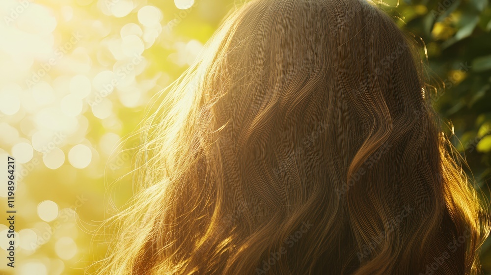 Poster dreamy backlit close up of flowing long hair in sunlit natural landscape with golden rays and soft b