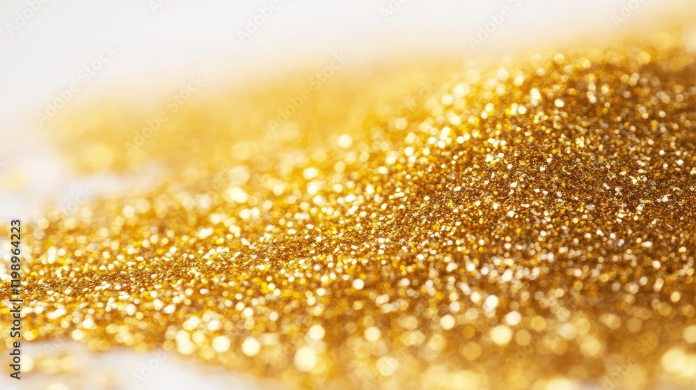 Aufkleber Golden glitter particles elegantly scattered on a soft white background with ample empty copy space for promotional text and design elements.