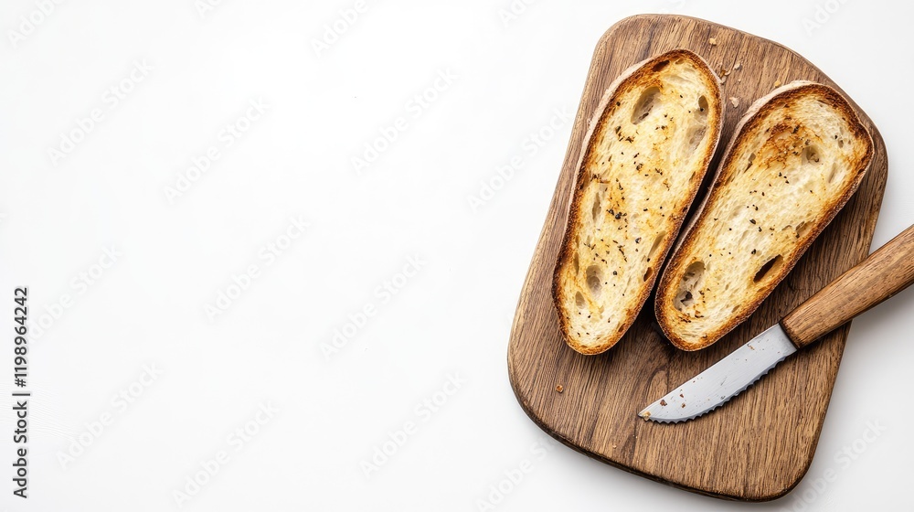 Aufkleber garlic bread slices displayed on a rustic wooden board with a knife against a clean white background