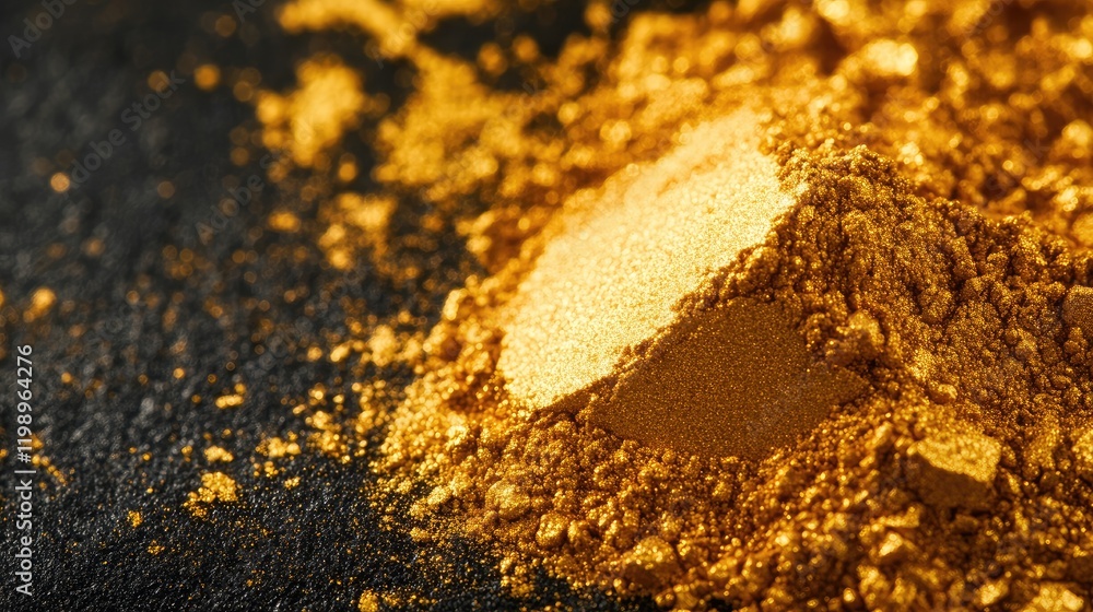 Poster golden powder pigment for cosmetics on a textured black surface with scattered particles and ample c