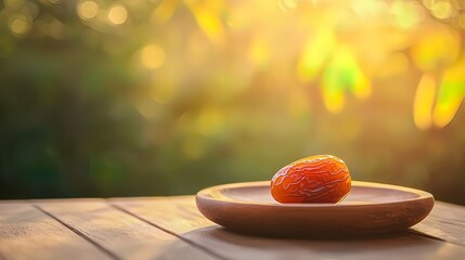 Single date fruit on wooden plate, sunlit outdoor setting.