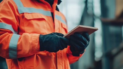 Obraz premium Caucasian builder in bright orange safety jacket and black gloves holding a brick and trowel at construction site with industrial backdrop and empty text space
