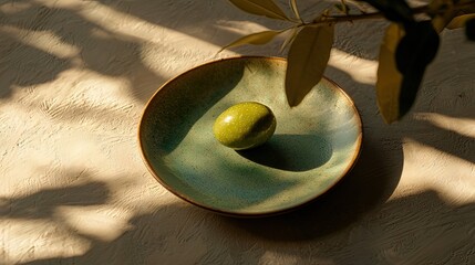 Obraz premium Single green egg on a teal plate, bathed in sunlight, with olive branch overhead.