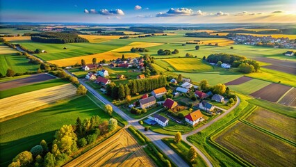 Aerial View of Rural Poland - Buildings, Road, Fields