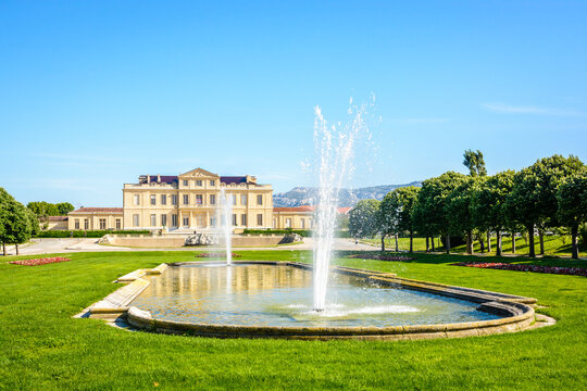 Marseille, France - May 23, 2018: The Borely castle, a large mansion with french formal garden located in the Borely park, houses the Museum of Decorative Arts, Faience and Fashion since 2013.