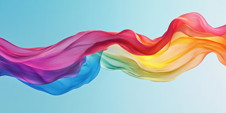 A modern pride flag reimagined as an abstract wave of color with realistic fabric textures, rippling dynamically against a clean sky background