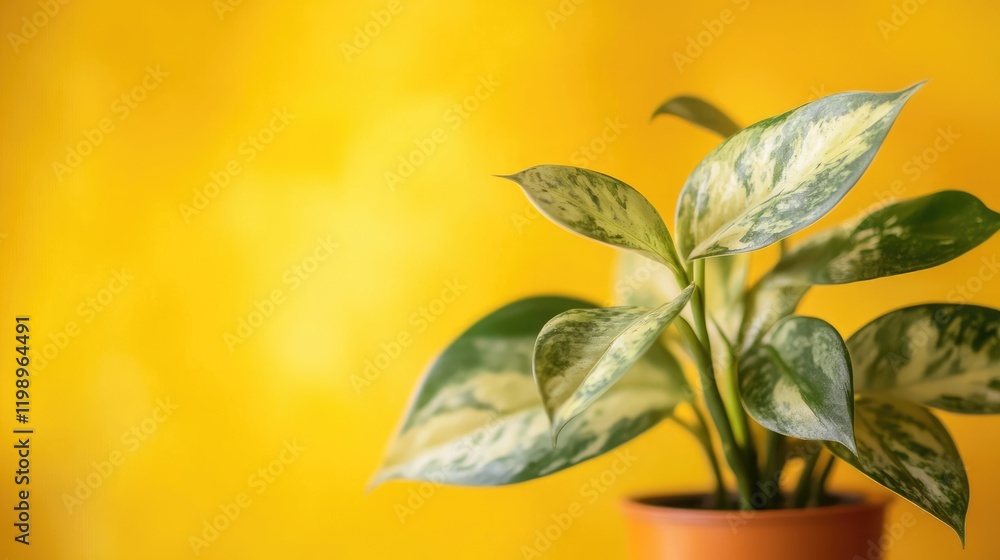 Poster Close up view of a green and yellow variegated plant in a terracotta pot against a vibrant yellow background with ample space for text and design elements