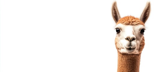 Obraz premium Close up of a serious male alpaca with light brown fur against a clean white background ideal for text overlay in animal photography