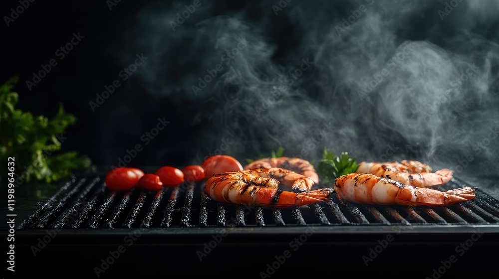 Poster Grilled prawns and cherry tomatoes on black barbecue grill with smoke on dark background offering copy space for text in culinary presentation