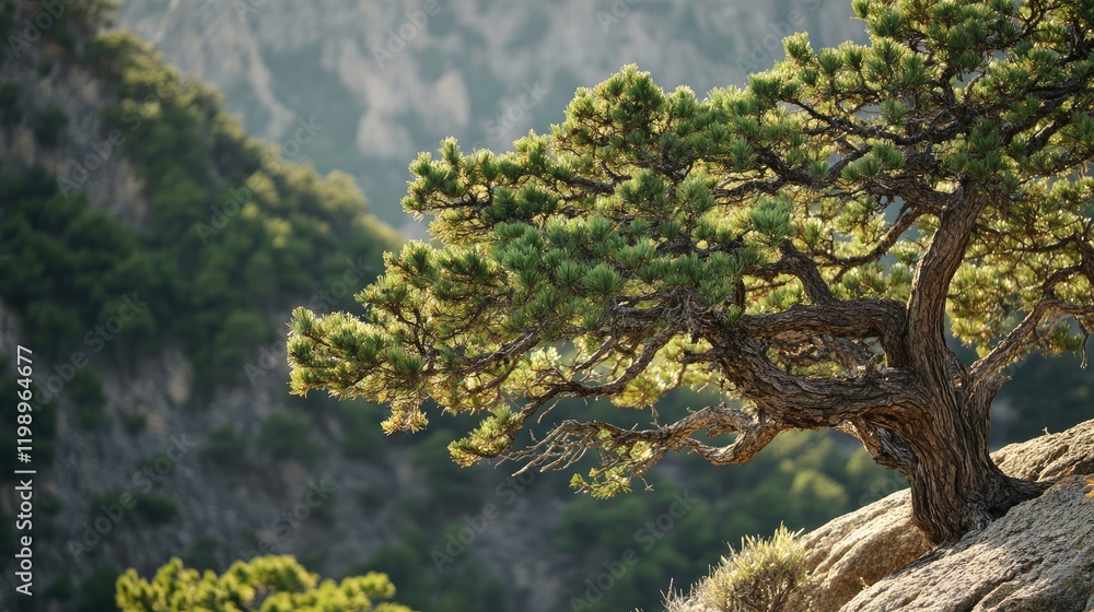 Poster close up of a majestic conifer tree with lush green foliage against a soft panoramic mountain backgr