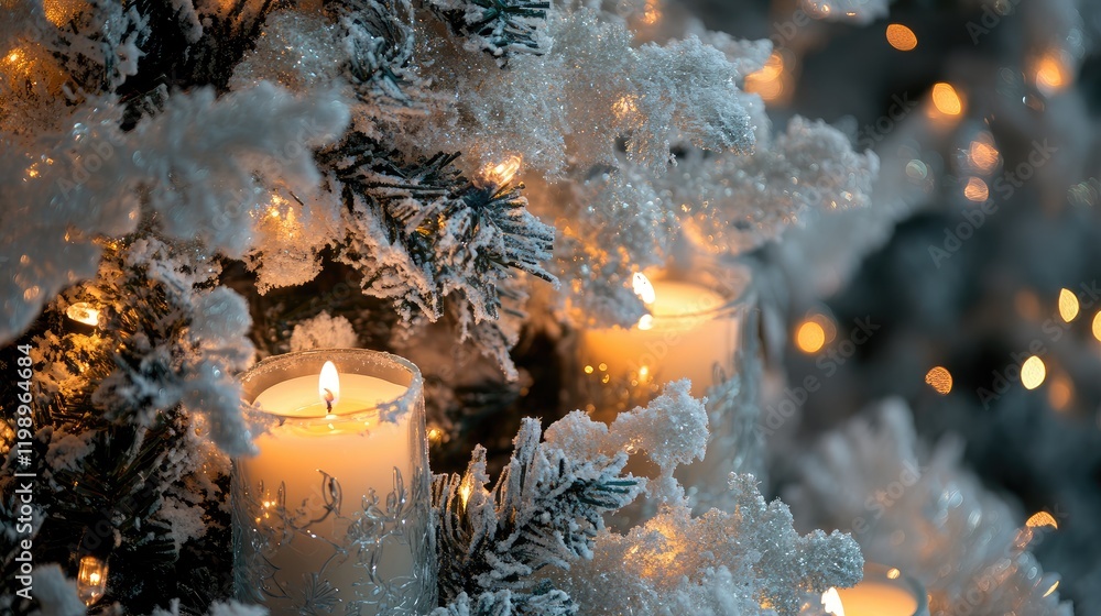 Poster close-up of a snowy christmas tree adorned with glowing candles and shimmering tinsel against a soft