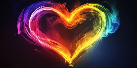 Abstract glowing heart design in vibrant rainbow gradients, surrounded by a soft halo effect on a sleek black background