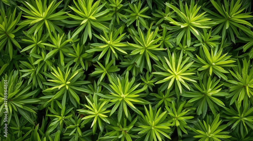 Poster Close up of vibrant green wild needles in lush forest setting with ample empty space for text and design elements, top view shot