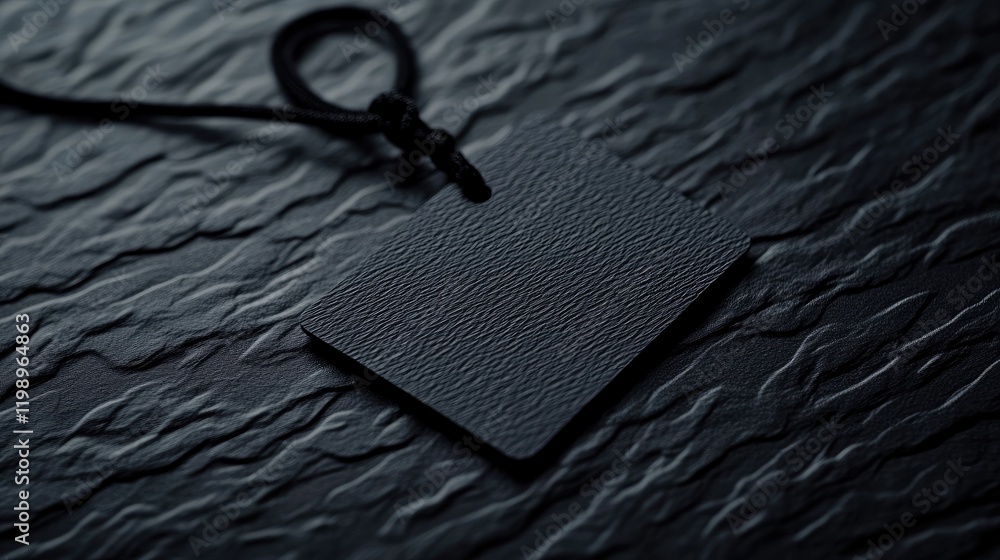 Poster Textured black nanofabric garment close up with stylish weatherproof label on dark surface featuring smooth empty space for text, dramatic lighting effect