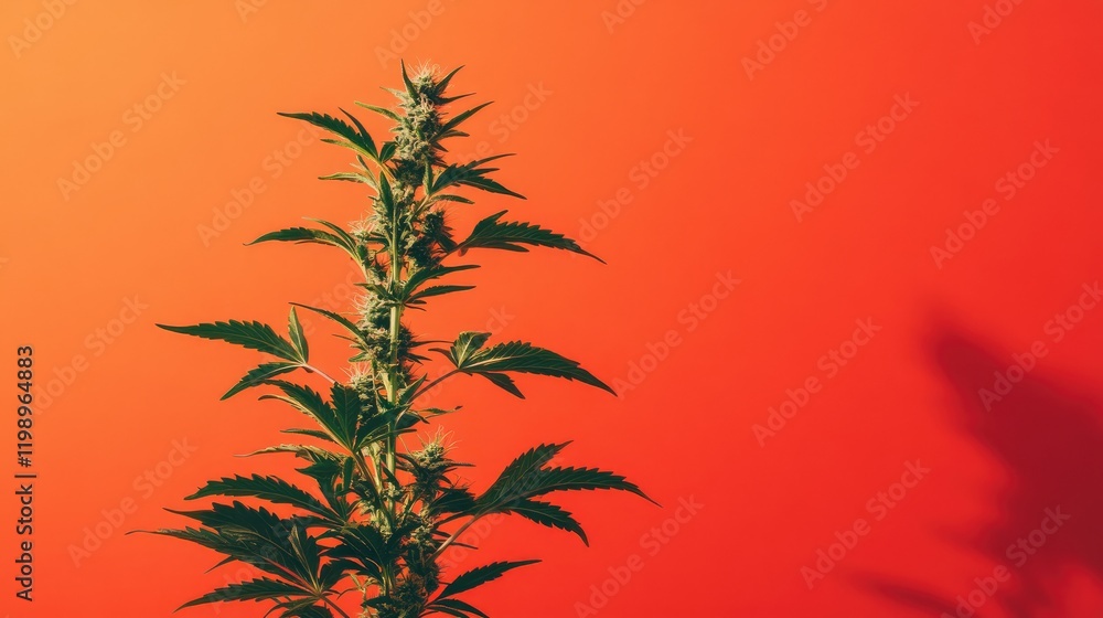Poster close up view of a tall green medical cannabis plant against a vibrant orange background with empty 