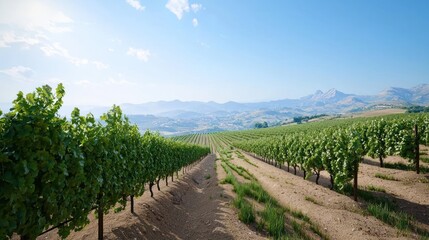 Obraz premium Lush vineyard landscape under a clear blue sky.